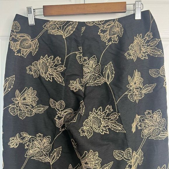 Tommy Bahama Silk Black Tan Floral Embroidery Straight Crop Pants Size 6 - Picture 6 of 15